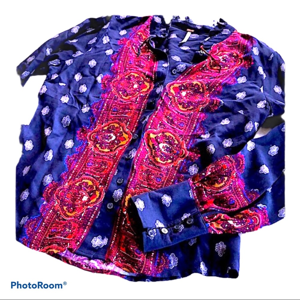 Hippie FP Boho Button‎ Up Blue Red Blouse S EUC
